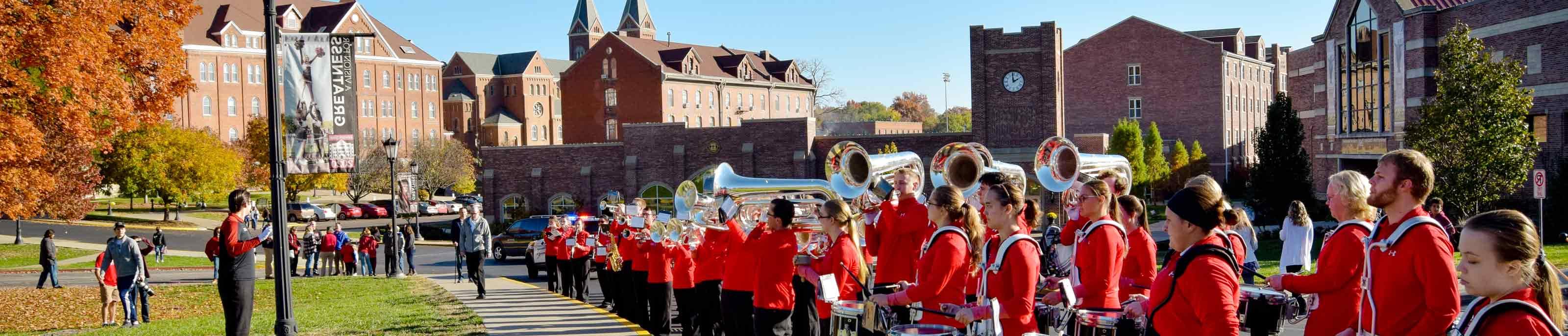 The Raven Regiment, Benedictine College's Marching Band, plays at a homecoming event